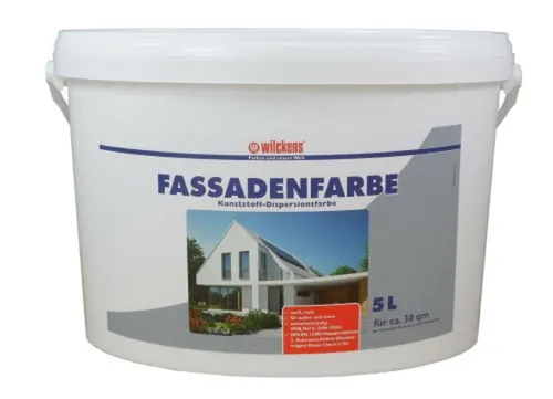 Wilckens Fassadenfarbe 5L - Weiße Kunststoff Dispersionsfarbe für innen und außen - Hochdeckende, schnelltrocknende Fassadenfarbe für den Innen- und Außenbereich. Wetterbeständig, atmungsaktiv und geruchsarm. Ideal für eine ansprechende Optik Ihrer Fassade.