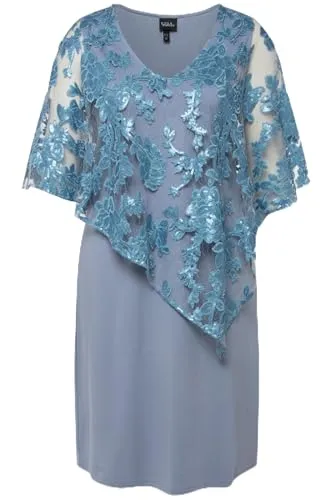 Ulla Popken Abendkleid mit Pailletten - Elegantes gemustertes Abendkleid in hellem stahlblau, ideal für festliche Anlässe. Der V-Ausschnitt und die 3/4-Ärmel verleihen einen femininen Touch.