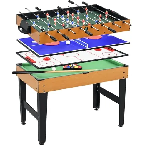 HOMCOM 4 in 1 Spieltisch - Vielseitiger Partyspieltisch mit Tischtennis, Kicker, Billard und Tischhockey für Multiplayer-Spaß. Ideal für gesellige Abende und Familienunterhaltung.