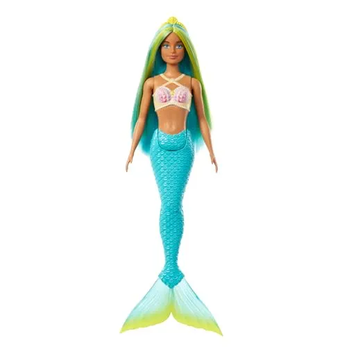 Barbie Meerjungfrau-Puppe mit fantasievollem zweifarbigem Haar in Blau und Gelb, Haarband, Puppe mit Muscheloberteil und türkisfarbener Schwanzflosse, HRR03