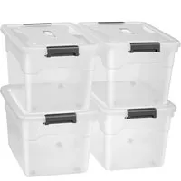 Juskys Aufbewahrungsbox mit Deckel - 4er Set - Aschesauger: 4 große, stapelbare Aufbewahrungsboxen (45l) aus robustem Kunststoff, transparent für schnellen Überblick und mit Rollen für einfaches Verschieben.