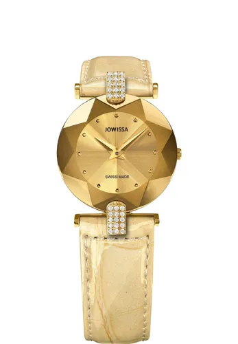 Jowissa Damen-Armbanduhr J5.187.S Facet mit Strass - Elegante Armbanduhr aus Edelstahl mit goldener PVD-Beschichtung und beigem Lacklederarmband, wasserdicht bis 30 m – perfekt für stilbewusste Frauen.
