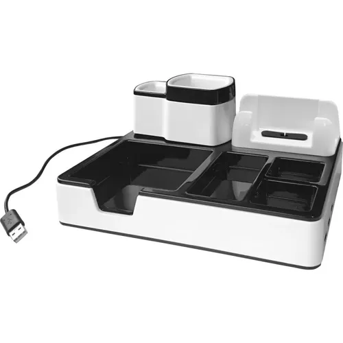 MONOLITH 190MO003DW - Schreibtisch-Organizer in Weiß Schwarz, mit 3 USB-Anschlüssen für einfaches Aufladen von Smartphones und Tablets, multifunktional und platzsparend