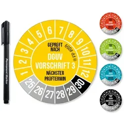Frank Paperman Aufkleber DGUV V3 Prüfplaketten 20-30 mm Ø inkl. Folienstift, Prüfplaketten, (300tlg), Nächster Prüftermin, UV-beständig, Hohe Klebkraft gelb Ø 2 cm