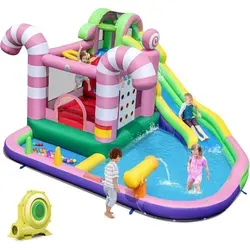 Costway Hüpfburg - 9-in-1 Wasserpark mit Süßigkeiten-Thema - Spielplätze - Aufblasbare Hüpfburg mit Wasserrutsche, Kletterwand und Planschbecken für ganzjährigen Spaß und Sicherheit.