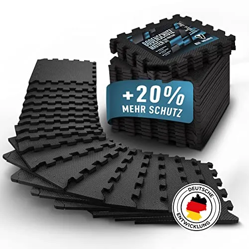 Veluris Bodenschutzmatte Fitness Matte 31x31cm - 18 extra dicke Matten für optimalen Schutz - Die Veluris Bodenschutzmatte eignet sich perfekt für jeden Raum. Mit 18 Matten (31x31cm) und 20% dickeren Materialien schützt sie zuverlässig vor Beschädigungen. Einfach zu reinigen und vielseitig einsetzbar – ideal für Fitness, Pool und Werkstatt!