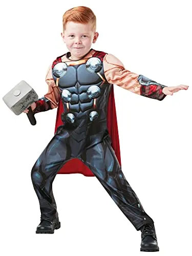Rubie´s Kostüm Avengers – Thor Kostüm für Kinder - Muskulöses Kinderkostüm mit bedrucktem Overall, abnehmbarem roten Cape und Kunststoffhammer. Ideal für kreative Verkleidungen und fantasievolles Spielen.
