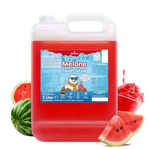 Belissia Slush Eis Sirup 5L Wassermelone | Hochkonzentriert & Glycerinfrei - Erlebe den Sommer mit dem BELISSIA Slusheis Sirup! Extrem ergiebig (1:5) für bis zu 6 Liter erfrischenden Genuss. Ideal für Partys und entspannte Abende, farbstark und vielseitig einsetzbar.