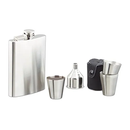 Relaxdays 2x Flachmann Edelstahl Schwarz, Silber - Praktisches Flachmann-Set aus Edelstahl für den perfekten Genuss unterwegs. Mit 8 Bechern, Trichter und Lederetui ideal für Camping und Festivals. Das kompakte Design passt in jede Tasche und ermöglicht leichtes Befüllen.