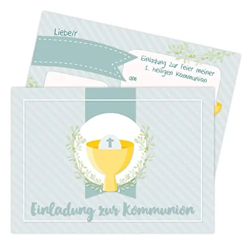 Papierdrachen 12 Einladungskarten zur Kommunion - Motiv Streifen blau - Einladung zur Heiligen Kommunion für Mädchen und Jungen - DIN A6 - Set 7