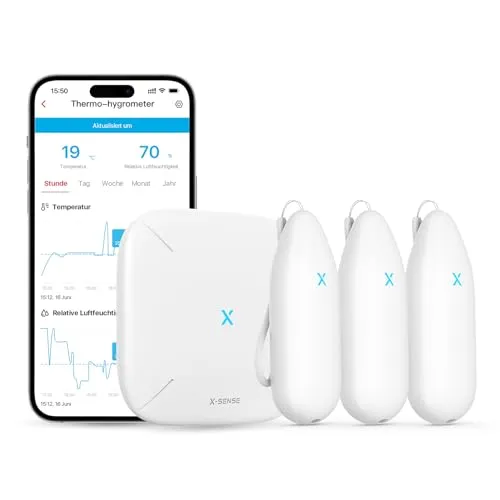X-Sense WLAN Hygrometer Thermometer Innen - 3 Sensoren mit App-Überwachung - Außenthermometer mit präzisen Messungen und 500m Reichweite. Erhalten Sie Echtzeitbenachrichtigungen und exportieren Sie Daten zur Analyse.