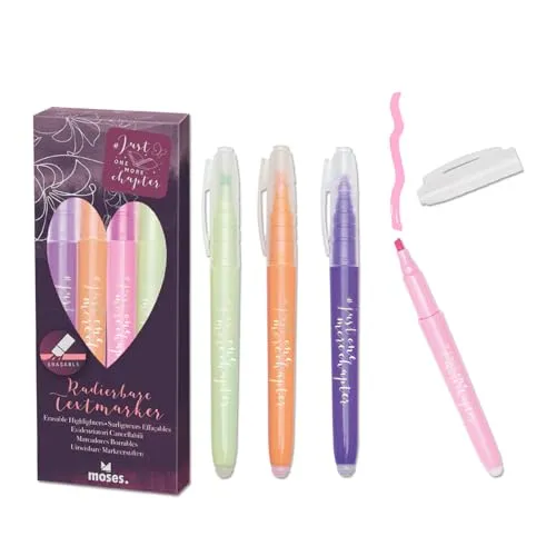 moses. Just one more chapter, Highlighter Set mit 4 radierbaren Textmarkern in Rosa, Mint, Flieder und Apricot, ideal zum Lesen, Markieren & Verschenken