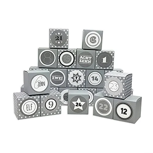 Frau WUNDERVoll® DIY Adventskalender Vorfreude zum Befüllen, Faltschachteln 12x grau, weiße Sterne, 12x grau 7x7x7cm(gefaltet),XL Ziffern grau/Weihnachten, Würfelbox, Faltverpackung, Schachteln