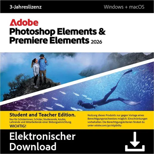 Adobe Photoshop & Premiere Elements 2026 | Lehrer & Studenten | Download-Code - Bild- und Videobearbeitung leicht gemacht mit KI-gestützten Effekten. Ideal für kreative Projekte. Laufzeit: 3 Jahre, Plattform: Windows, als Download verfügbar.