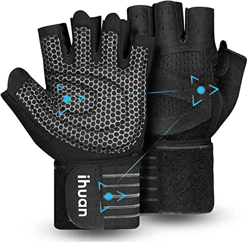 Ihuan Fitness Handschuhe mit Handgelenkband-Unterstützung | Schwarze Gewichtheberhandschuhe für Herren und Frauen - Optimale Unterstützung beim Training: Die Ihuan Fitness Handschuhe bieten vollen Handflächenschutz und atmungsaktiven Komfort, ideal für Gewichtheben und Fitness-Workouts.