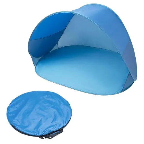Pop Up Strandmuschel blau mit Tragetasche - UV 50+ Schutz - Strandmuschel für 2 Personen, selbstaufstellend und wind- sowie sichtgeschützt. Ideal für Strand, Garten oder Picknick, schnell und leicht aufzubauen.