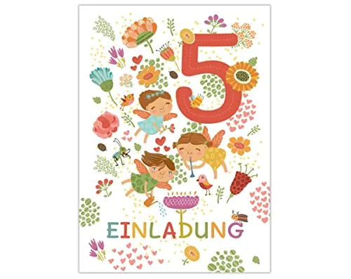 Junapack 12 Einladungskarten zum 5. Kindergeburtstag Einladung zum fünften Geburtstag Mädchen Fee Feen