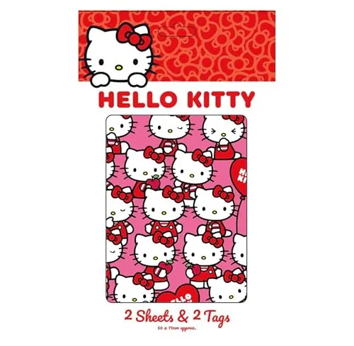 Danilo Promotions LTD Hello Kitty Geschenkpapier, 2 Bögen und 2 Geschenkanhänger, Geschenkpapier