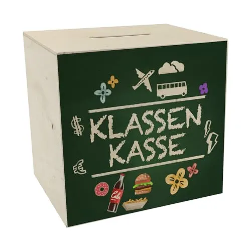 Klassenkasse für die Schule Spardose aus Holz Sparbüchse sparen für die Abschlussfahrt oder Abschlussfeier Geld sammeln für Schulausflug Geld für Essen und Trinken