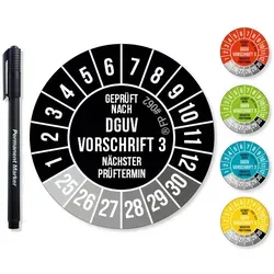 Frank Paperman Aufkleber DGUV V3 Prüfplaketten 20-30 mm Ø inkl. Folienstift, Prüfplaketten, (120tlg), Nächster Prüftermin, UV-beständig, Hohe Klebkraft schwarz Ø 3 cm