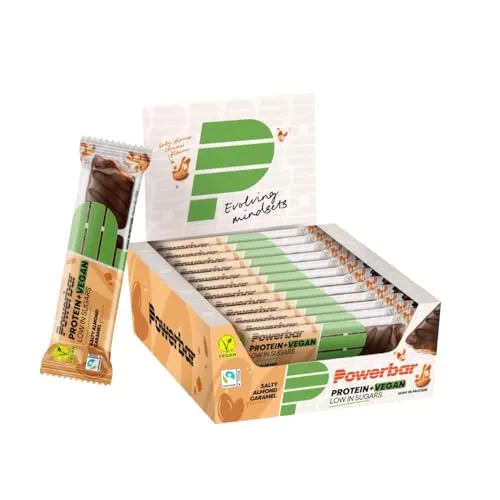 Powerbar Protein Plus Vegan Salty Almond Caramel - Proteinriegel mit 12x42g, 100% pflanzliches Protein, nur 0,6g Zucker pro Riegel – ideal für Sportler und gesundheitsbewusste Genießer.
