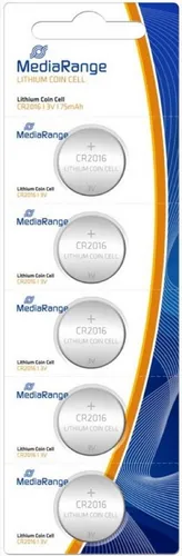 MediaRange Lithium Knopfzellen CR2016 - 5er Pack, 3V Spannung und umweltfreundlich ohne Kadmium und Quecksilber