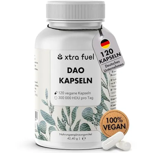 DAO Kapseln 120 Stück - Hochdosiert mit 300.000 HDU - Verdauungsenzyme: Unsere veganen DAO Kapseln bieten hochdosierte Unterstützung für eine bessere Histaminverträglichkeit und sind laborgeprüft für höchste Qualität.
