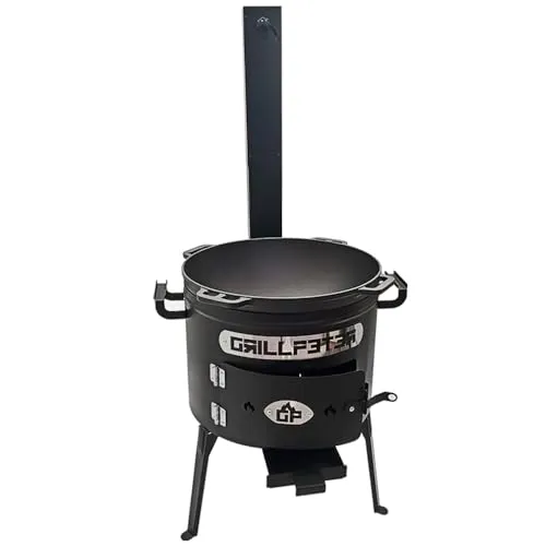 Utschak Set Asamat mit Schornstein Kazan 15L - Grill und Feuerofen in einem, aus robustem Gusseisen für optimale Hitzeverteilung. Ideal für BBQs und Lagerfeuerabende im Freien.