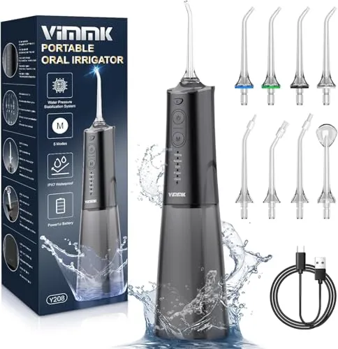 Kabellose Munddusche Vimmk - Elektrischer Zahnreiniger mit 5 Modi - Mundduschen für perfekte Mundhygiene, entfernt 99,99% der Speisereste, 300ml Wassertank, IPX7 wasserdicht und ideal für die ganze Familie.