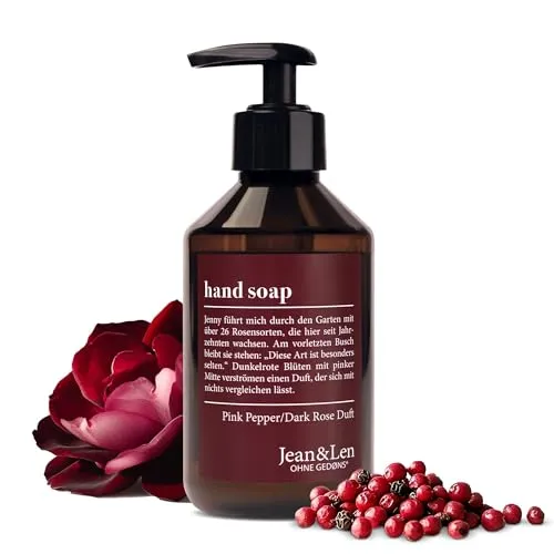 Jean & Len Handseife Pink Pepper & Dark Rose, reinigt beanspruchte Hände, für die tägliche Anwendung geeignet, Flüssigseife im Pumpspender, sinnlicher Duft, vegan, 250 ml
