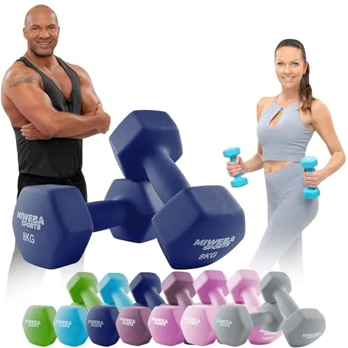 Miweba Sports Neopren Hantelset 8 kg - Robuste Kurzhanteln für effektives Training - Ideal für jedes Fitnesslevel, bieten diese 8 kg Hanteln mit rutschfester Neopren-Ummantelung sicheren Halt und Komfort. Perfekt für Home-Gym und vielseitige Übungen.