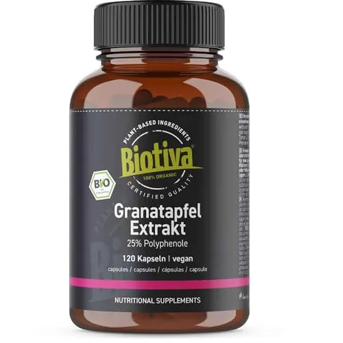 Biotiva Granatapfel Extrakt Bio 120 Kapseln - 550mg Höchstdosierung - 25% Polyphenole - Einführungsangebot - Punica Granatum - Abgefüllt und kontrolliert in Deutschland