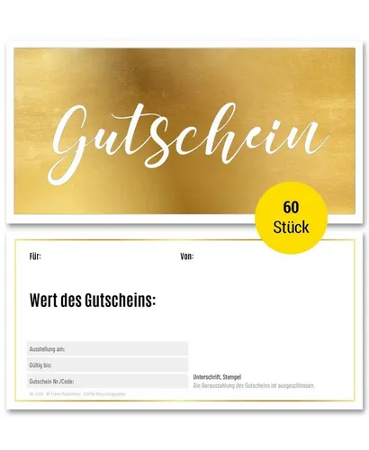 Frank Paperman Geschenkkarte Gutscheine & Terminkarten, Goldfolienprägung, Stempelfeld, 100 % Recyclingpapier, Geschenkgutschein, Danke, Geburtstag
