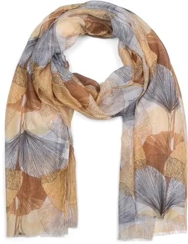 styleBREAKER Damen Schal mit farbigem Ginkgo Leaves Blätter Muster Print und kurzen Fransen, leichtes Tuch, Stola 01016208, Farbe:Gelb-Braun