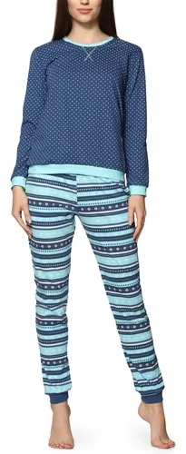 Cornette Schlafanzug Damen Schlafanzug Zweiteiler Pyjama Langarm mit Rundhals Baumwolle 634, Jeans/Türkis