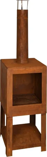 Esschert Design Terrassenofen mit Holzlager - Rost-Optik, ideal für gemütliche Abende im Freien und schnelle Holzlagerung