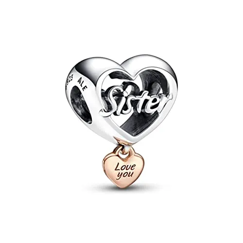 PANDORA „Love You Sister“ Herz-Charm aus Sterling-Silber und 14 Karat rosévergoldeter Metalllegierung - Kompatibel mit PANDORA Moments Armbänder