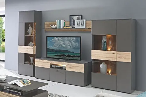 Mid.you Wohnwand mit Beleuchtung, Grau & Eiche - Moderner Wohnzimmerschrank mit 12 Fächern und 1 Schublade, ausgestattet mit stimmungsvoller Beleuchtung. Perfekt für stilvolle Wohnzimmergestaltung.