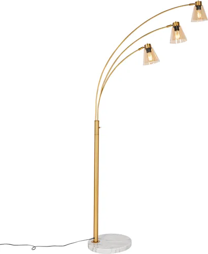Qazqa Art Deco Bogenlampe Nina I - Bronze mit Marmor & Braunglas - 3-flammig, dimmbar - Elegante Bogenlampe für stilvolle Innenräume. Ideal für Wohnzimmer, Schlafzimmer und Büro. E27-Fassung, dimmbar für individuelle Lichtgestaltung. Perfekt für gemütliche Atmosphäre.