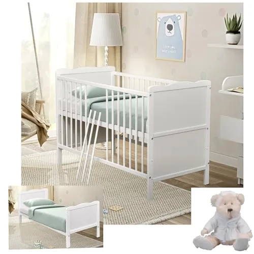 Baby-Delux Babybett Jack 140x70 mit Beißschienen - Gitterbett aus Kiefernholz, höhenverstellbar und umbaubar zum Juniorbett. Inklusive hypoallergener Kokos-Buchweizen-Matratze für optimalen Schlafkomfort.