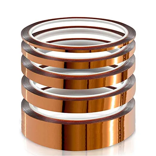 YIXISI 5 Stücke Kapton Tape, Hohe Temp Tape, Hohen Temperaturen Hitzebeständig Klebeband, Polyimid Film Klebeband (3mm/6mm/8mm/12mm/25mm * 33m)