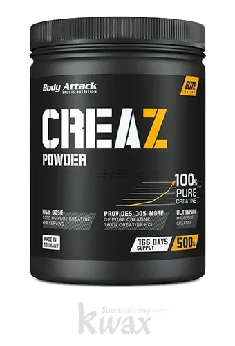 Body Attack CREAZ Powder - 500g hochkonzentriertes Kreatin - Sportnahrung, reines, hochkonzentriertes Kreatin in ungebundener Form, ideal für effektive Muskelperformance und ohne Zusatzstoffe.