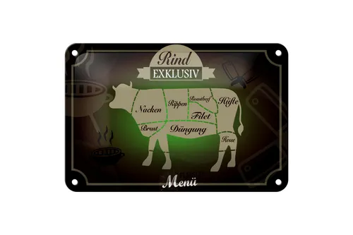 Blechschild Fleisch 18x12 cm Schnitte Rind exklusiv Menü Deko Schild