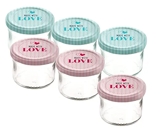 Spetebo Marmeladenglas mit bedrucktem Metall Deckel - 6er Set - Einmachglas mit farbigem Schraubverschluss - Einweckglas Honigglas Sturzglas luftdicht Made with Love rosa und grün