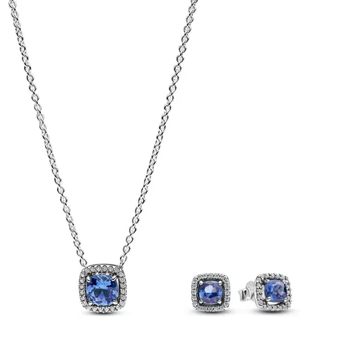 Pandora Kette mit Anhänger Schmuckset - Funkelndes Quadrat in Blau - Ketten mit Anhänger, aus 925er Sterlingsilber mit funkelndem Zirkonia-Anhänger, perfektes Accessoire für jeden Anlass.