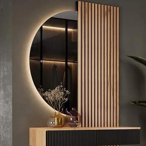 Planetmöbel LED Spiegel NIVORA 50×100 cm, dimmbar & modern - Halbrunder LED-Wandspiegel für Flur oder Diele mit dimmbarem Licht (4200K). Ideal für die Outfitkontrolle und einfache Montage. Touch-Schalter für komfortable Bedienung.