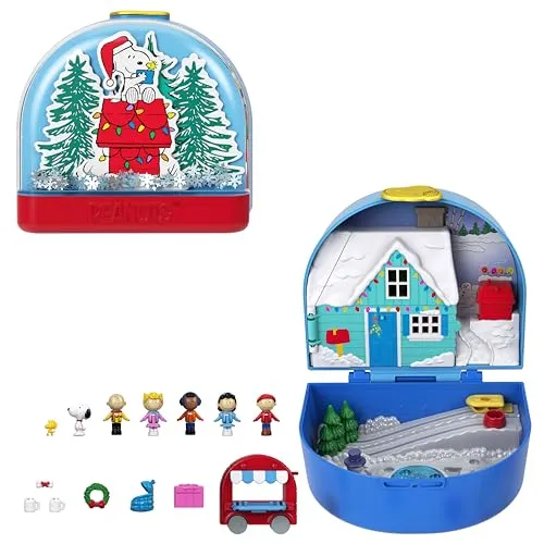 Polly Pocket x Peanuts Sammler-Schatulle mit Minipuppen und Zubehör - Nostalgische Weihnachtsschatulle mit Snoopy und Woodstock. Enthält 6 Minipuppen, 7 Zubehörteile und 4 Hintergründe. Perfekte Deko für Fans und ideal zum Verschenken!