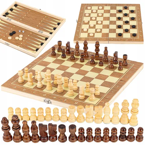 Holz Schachbrett 3in1 Schach Dame Backgammon Spielset für Kinder & Erwachsene