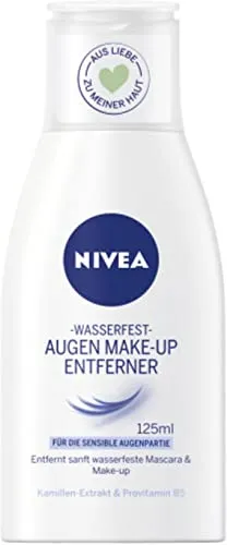 NIVEA Wasserfester Augen Make-Up Entferner 125 ml - Make-up-Reinigungswasser – Sanfter Balsam mit Kamillen-Extrakt entfernt selbst wasserfeste Mascara und ist auch für Kontaktlinsenträger*innen geeignet.