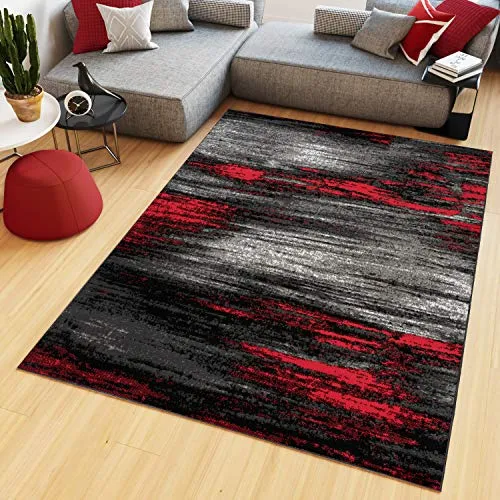 Tapiso Teppich MAYA, modernes Design in Rot Schwarz - Kurzflor-Teppich, pflegeleicht und ideal für Wohnzimmer oder Schlafzimmer, Fußbodenheizungsgeeignet für zusätzlichen Komfort.